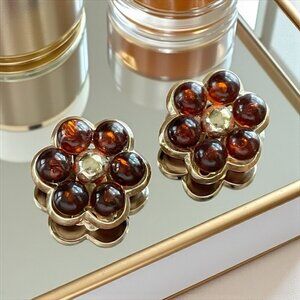 Vintage Coro Earrings Amber Lucite Floral Gold Tone Chunky Clip Signed Flower